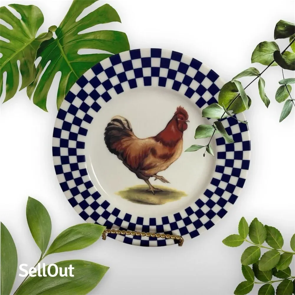 Williams Sonoma Blue Checkered Rooster Salad Plates Set of 4